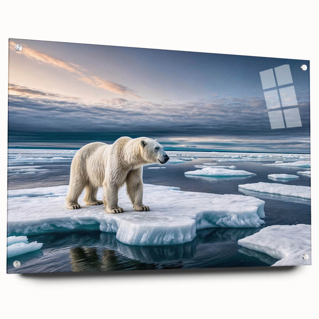 Acrylic glass wall art from the Iceberg Design 5 collection showcases a stunning landscape of icebergs in tranquil colors, elegantly displayed with pins for a modern aesthetic. Perfect for home decor enthusiasts seeking unique, nature-inspired artwork.