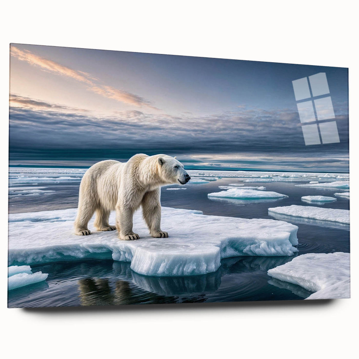 Abstract acrylic wall art featuring a vibrant iceberg landscape design, showcasing intricate details and colors, perfect for modern home decor. This side view highlights its sleek glass finish, enhancing the visual appeal in any contemporary setting.