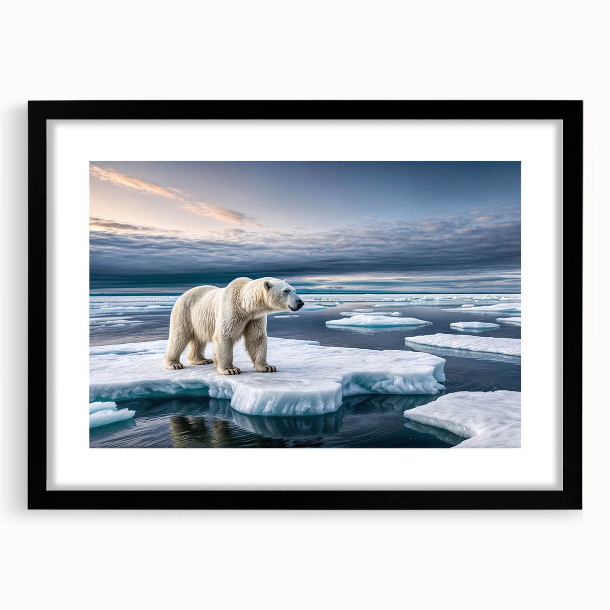 Framed wall art featuring a serene iceberg landscape design, showcasing vibrant blues and whites, with a sleek black mat and frame, ideal for modern decor.