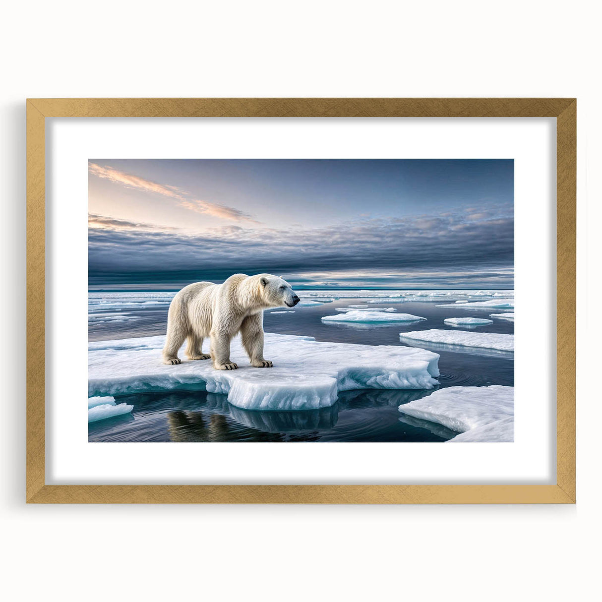 Framed wall art featuring a stunning iceberg landscape design with gold accents, displayed in a sleek mat for an elegant touch, perfect for modern decor.
