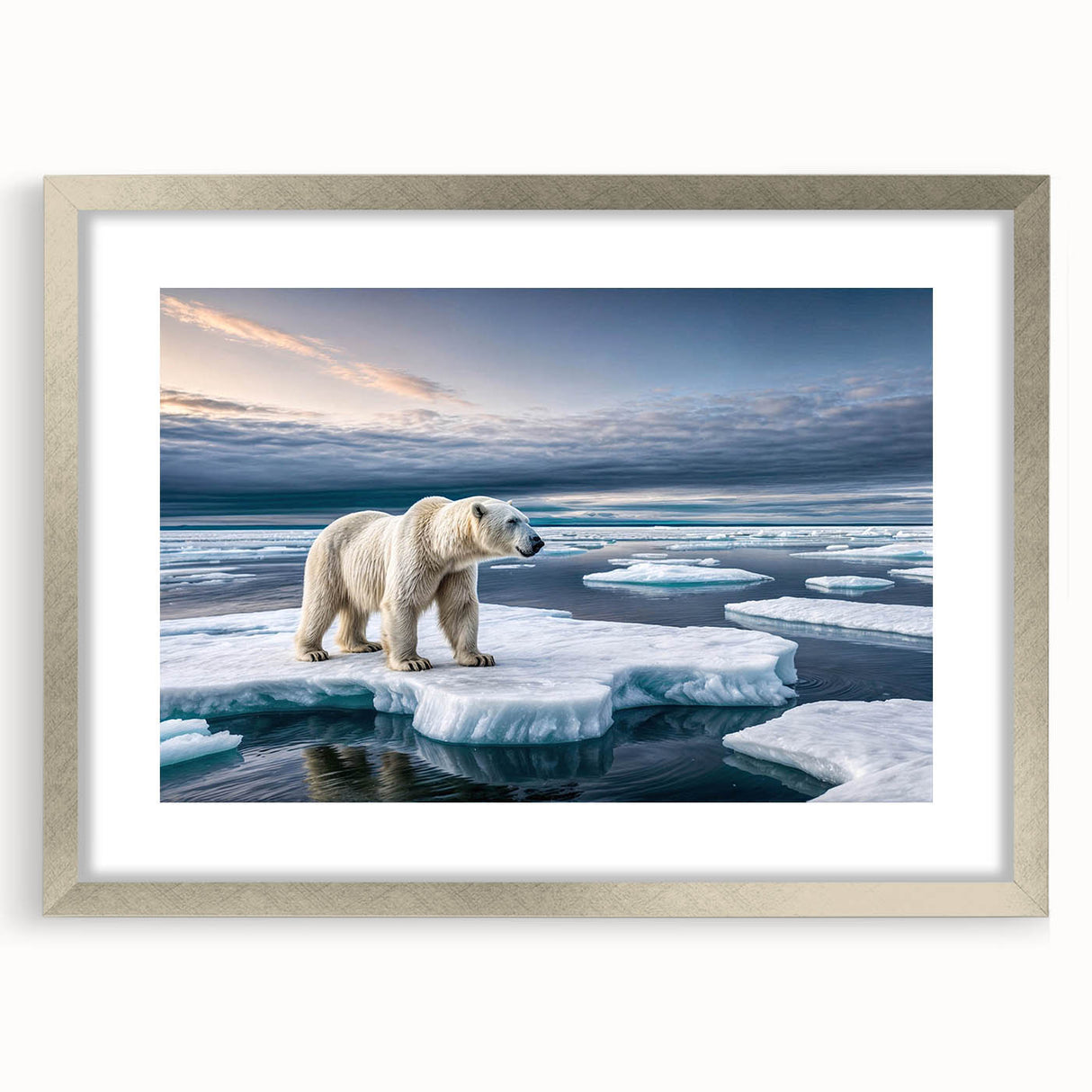 Framed landscape wall art featuring an icebergs design, elegantly matted with a silver frame, perfect for modern home decor. Ideal for enhancing living spaces.