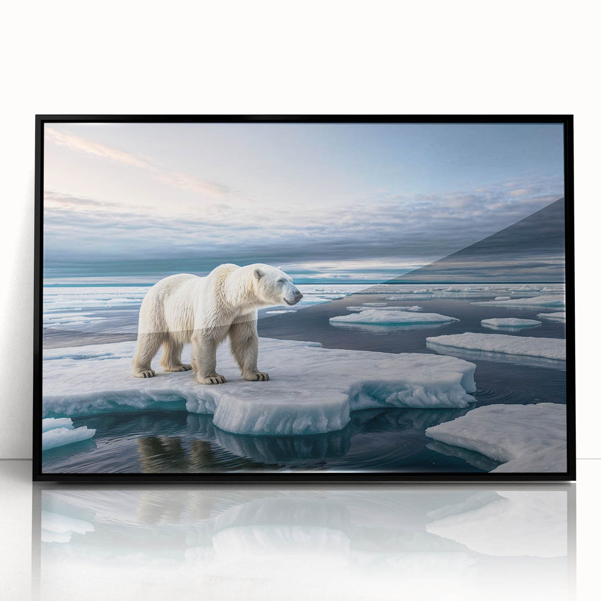 Framed acrylic wall art showcasing a stunning iceberg design in vibrant blues and whites, featuring a sleek black frame, perfect for modern decor and nature enthusiasts.