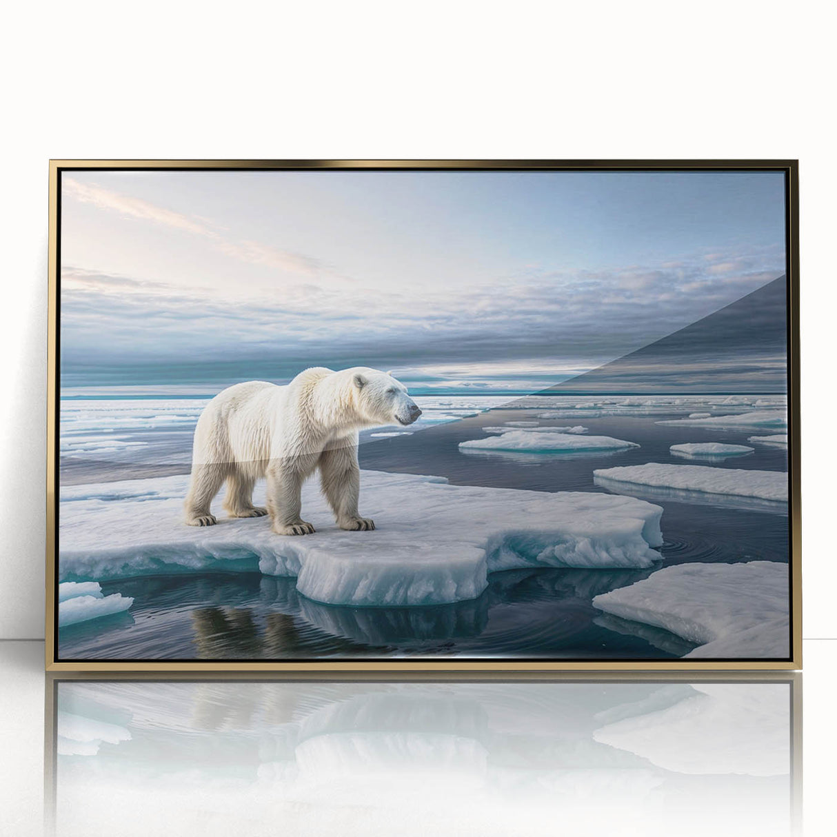 Framed acrylic wall art showcasing a striking iceberg landscape design with a gold frame, perfect for modern home decor and enhancing interior aesthetics.