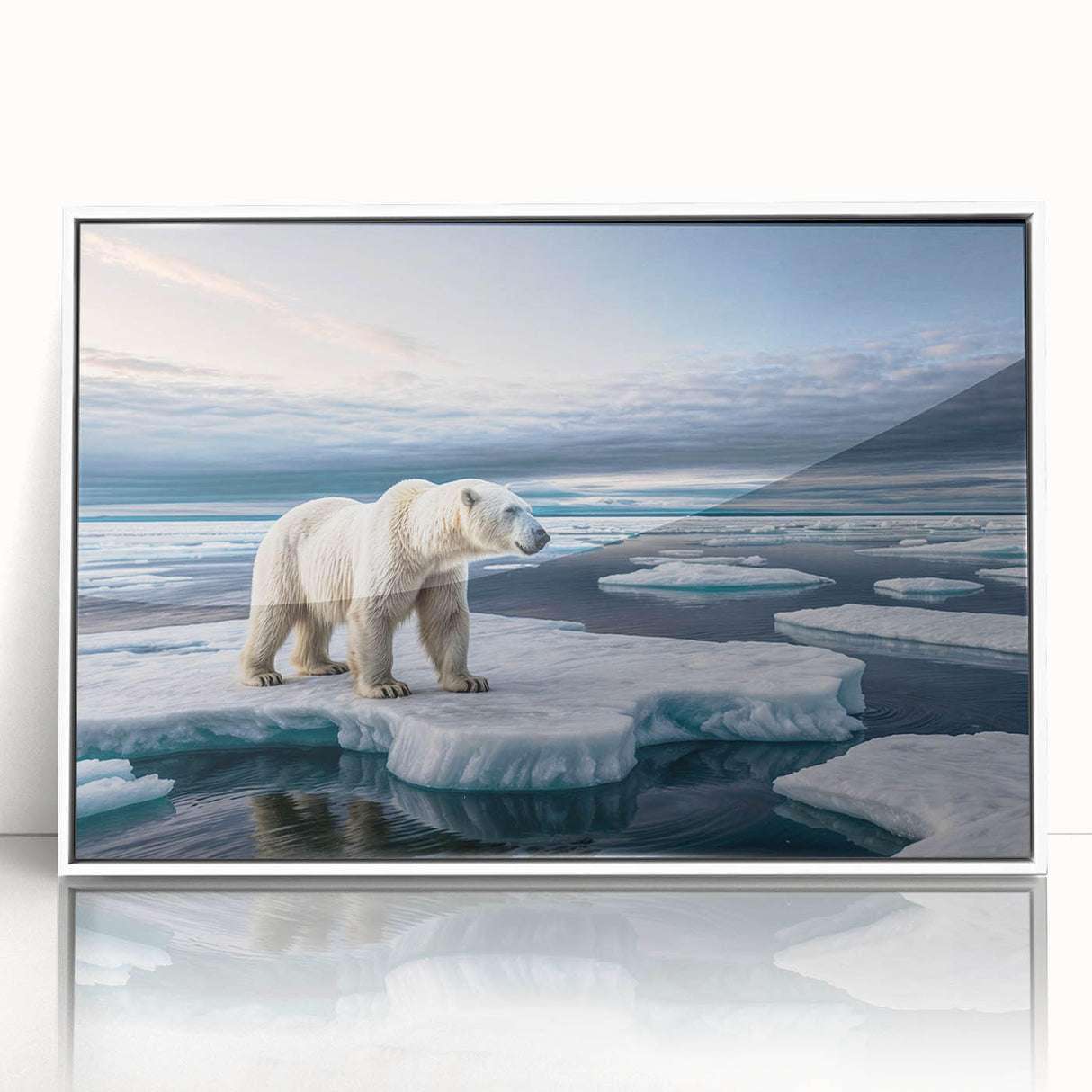 Framed acrylic wall art showcasing a stunning iceberg landscape design, featuring a white frame and vibrant colors, perfect for modern home decor.