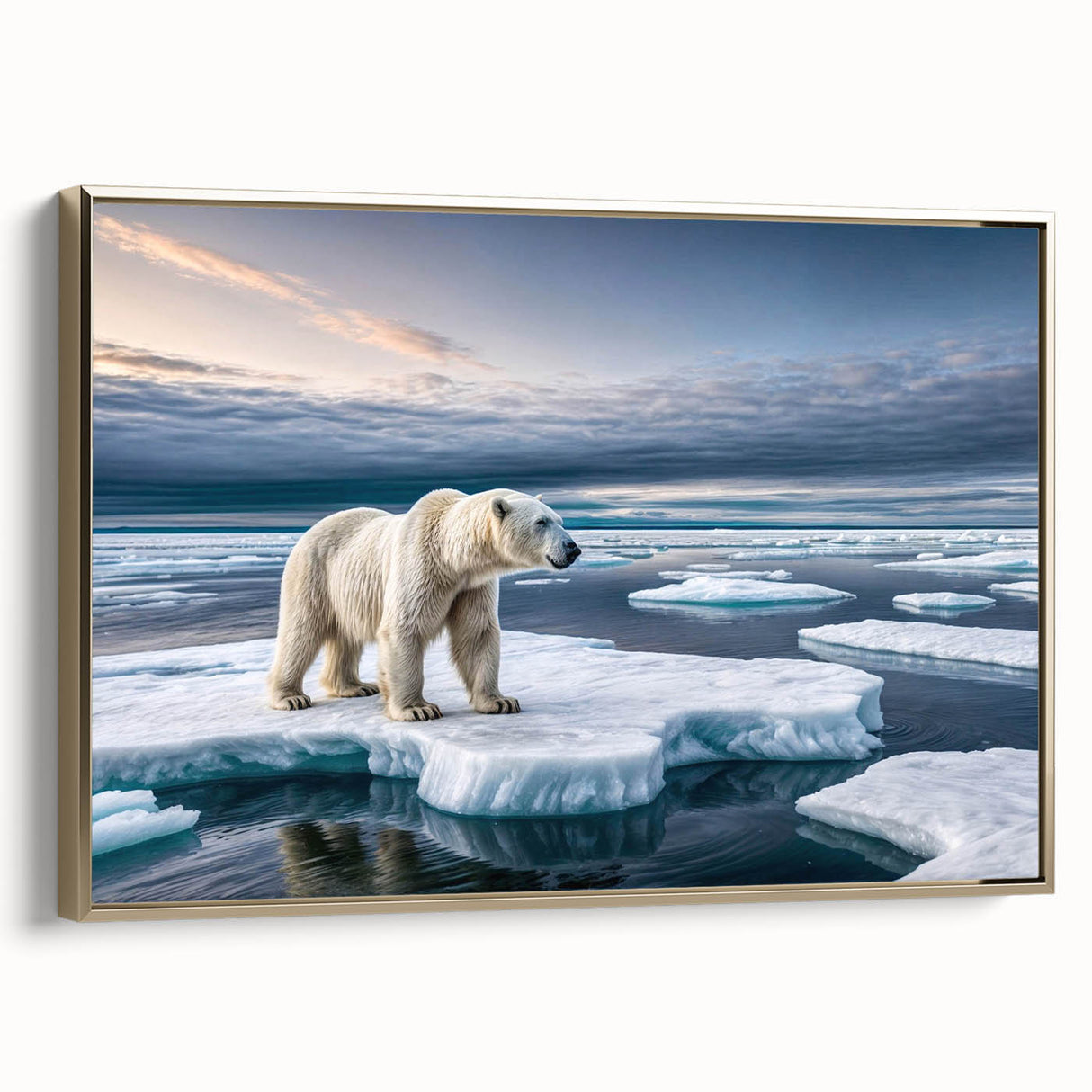 Framed canvas wall art showcasing a stunning iceberg landscape design with a gold border, ideal for modern home decor. Perfect for adding a touch of elegance to any room.