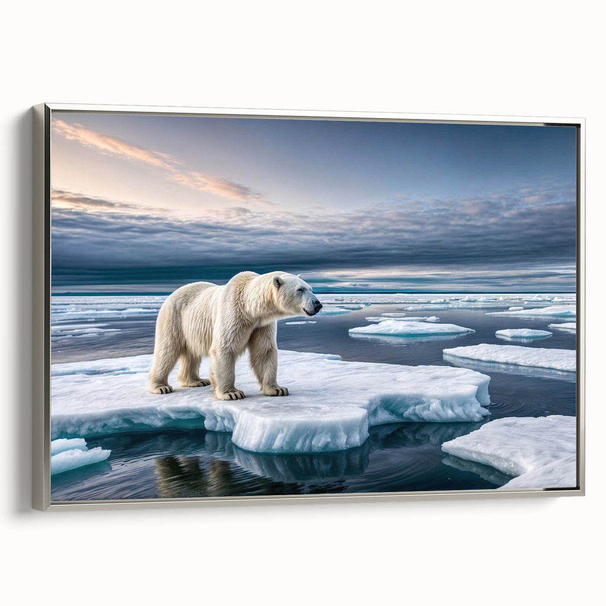 Framed canvas wall art showcasing a stunning iceberg landscape design with a silver frame, highlighting intricate details and cool blue tones, perfect for modern decor.