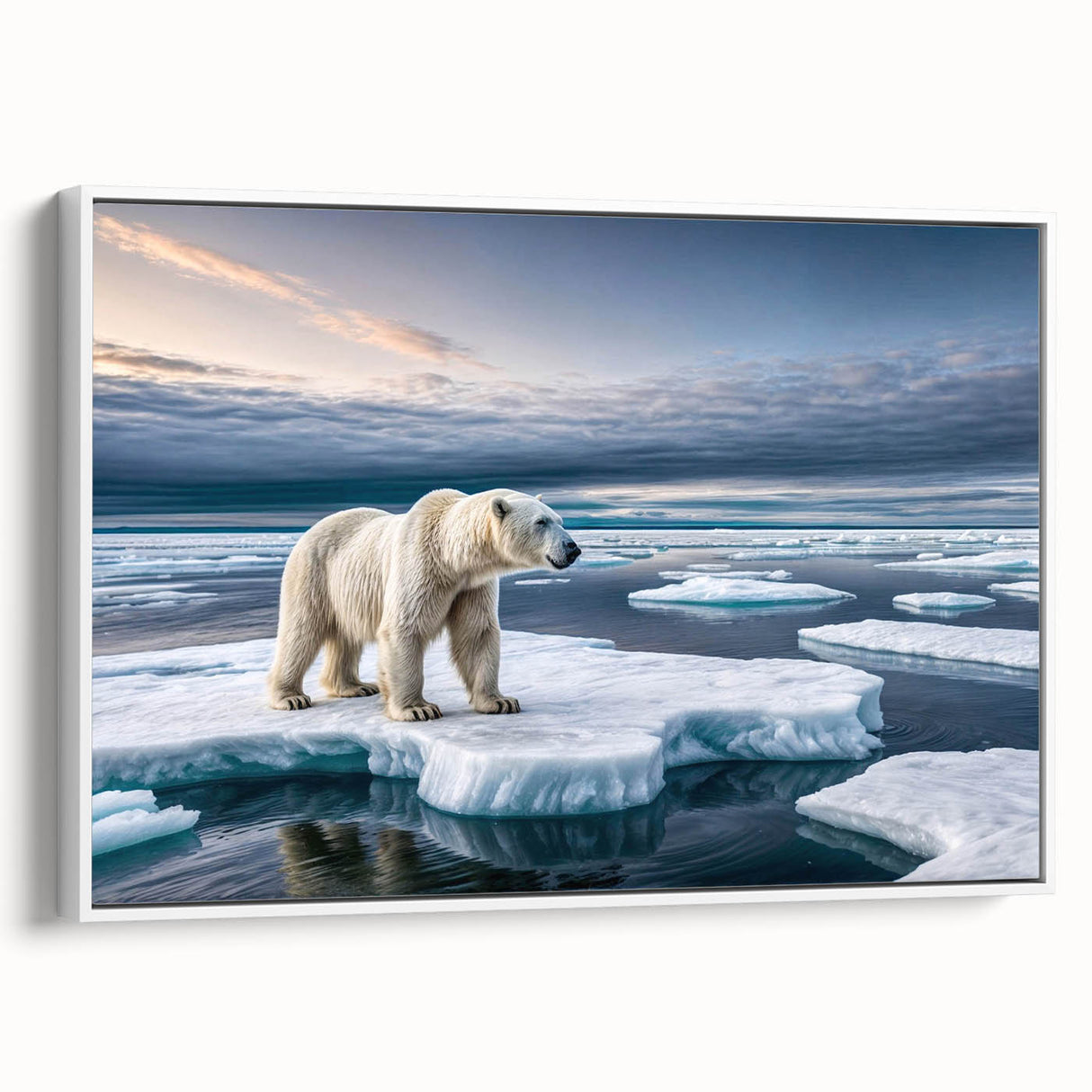 Framed canvas wall art showcasing a stunning iceberg landscape design, featuring cool blue tones and intricate textures, displayed in a white frame from a side view. Perfect for modern home decor.