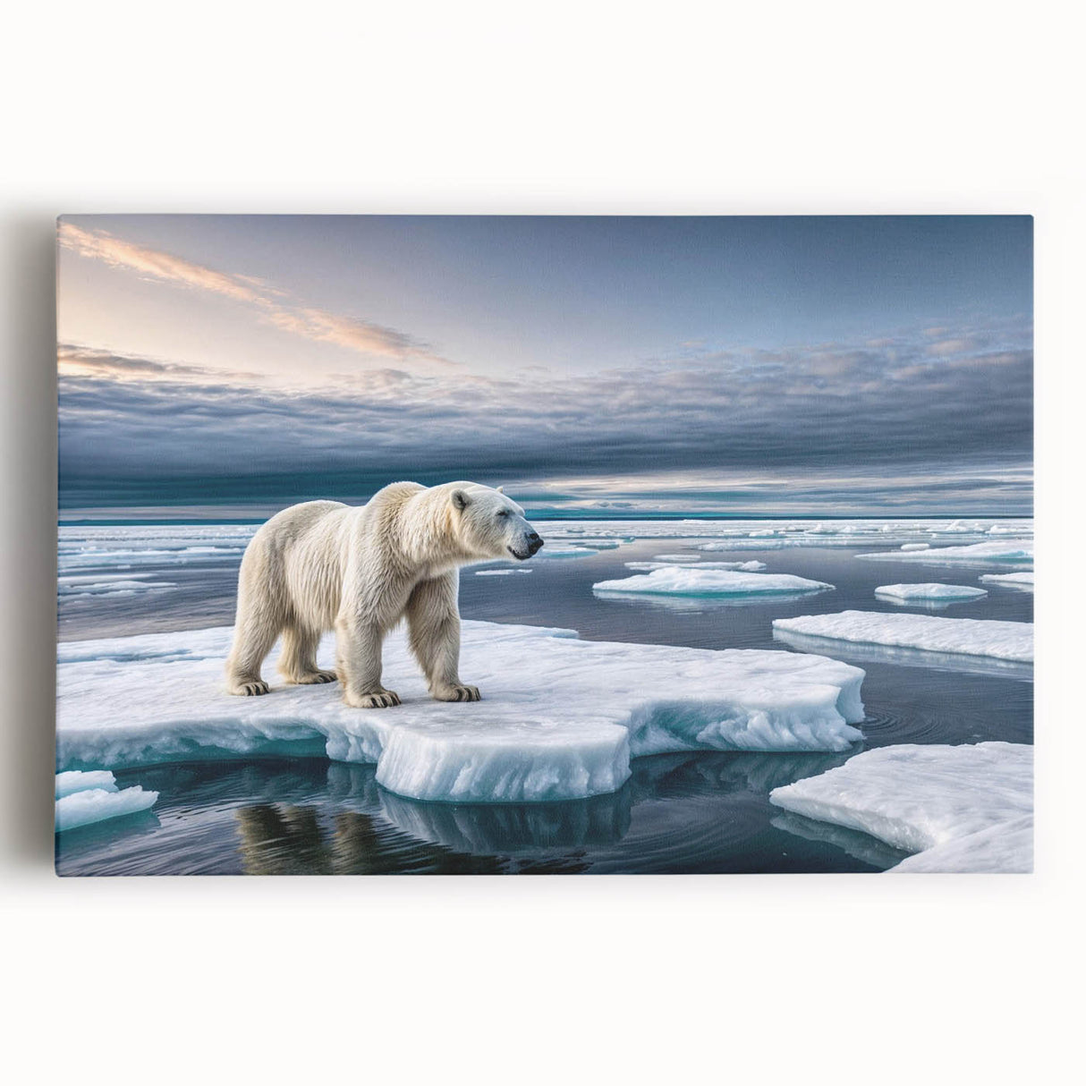 Stretched canvas wall art depicting a vibrant iceberg landscape design, showcasing icy blue hues and intricate details, perfect for modern home decor.