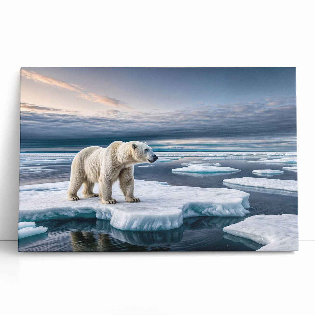 Stretched canvas wall art showcasing a stunning iceberg landscape design, featuring cool blue tones and crisp white accents, ideal for modern home decor.
