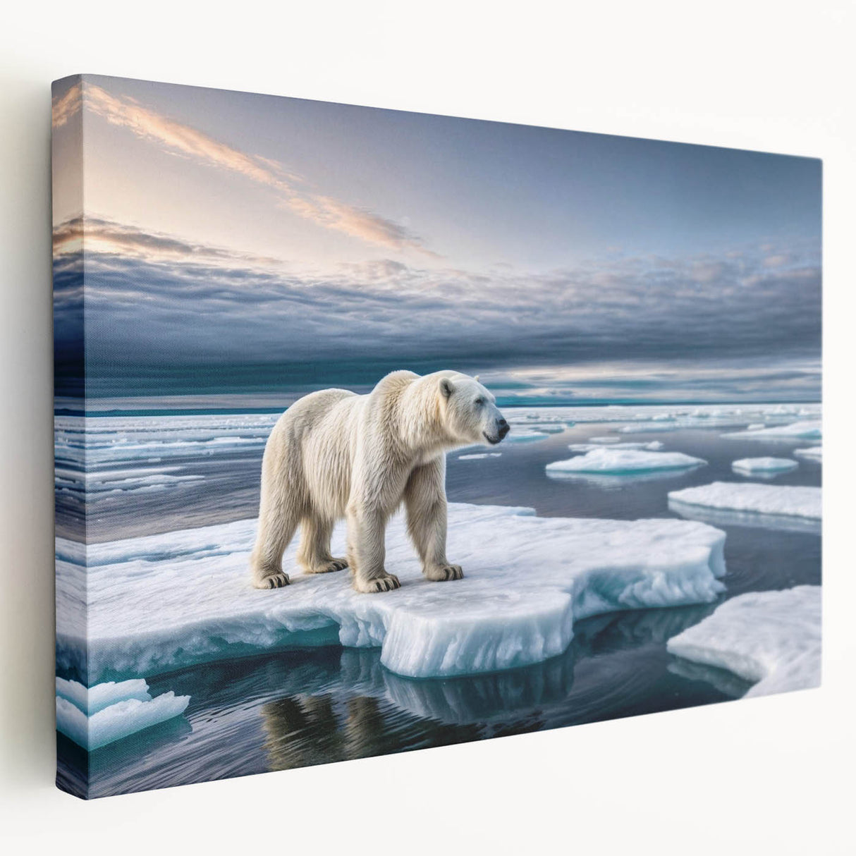 Stretched canvas wall art showcasing a stunning iceberg landscape design in vibrant blues and whites, ideal for modern home decor. Perfect for adding a serene touch to any space.