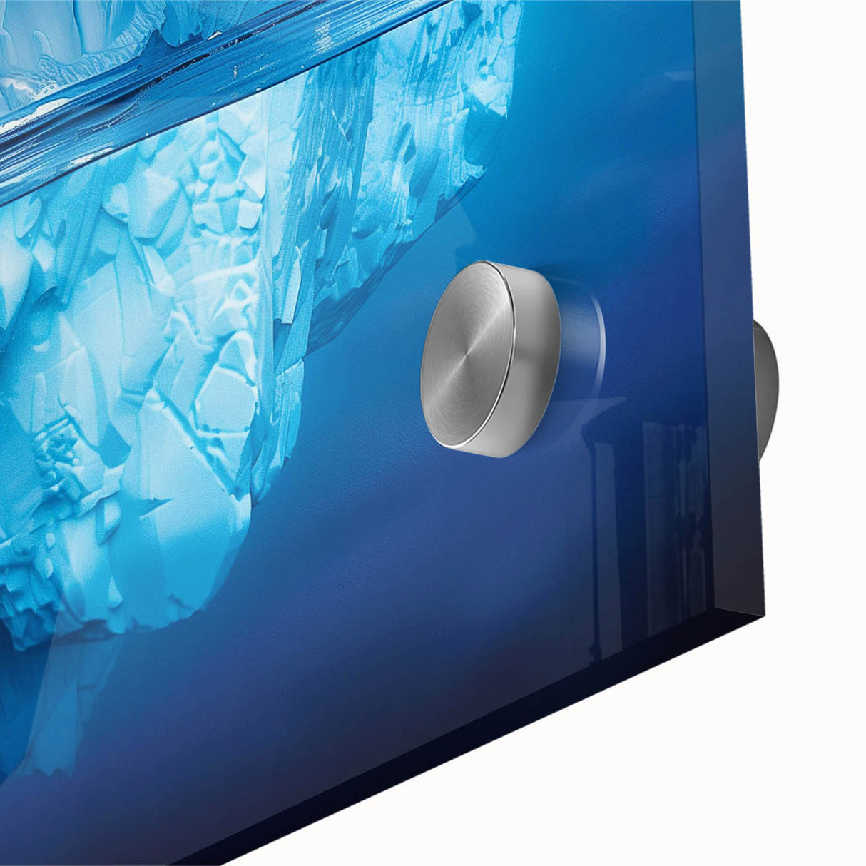 Close-up of a vibrant acrylic glass wall art piece showcasing an intricate iceberg landscape design, emphasizing cool blue tones and detailed textures, perfect for modern decor.