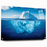 Acrylic glass wall art piece displaying a stunning iceberg landscape design, side view with visible mounting pins, perfect for modern home decor.