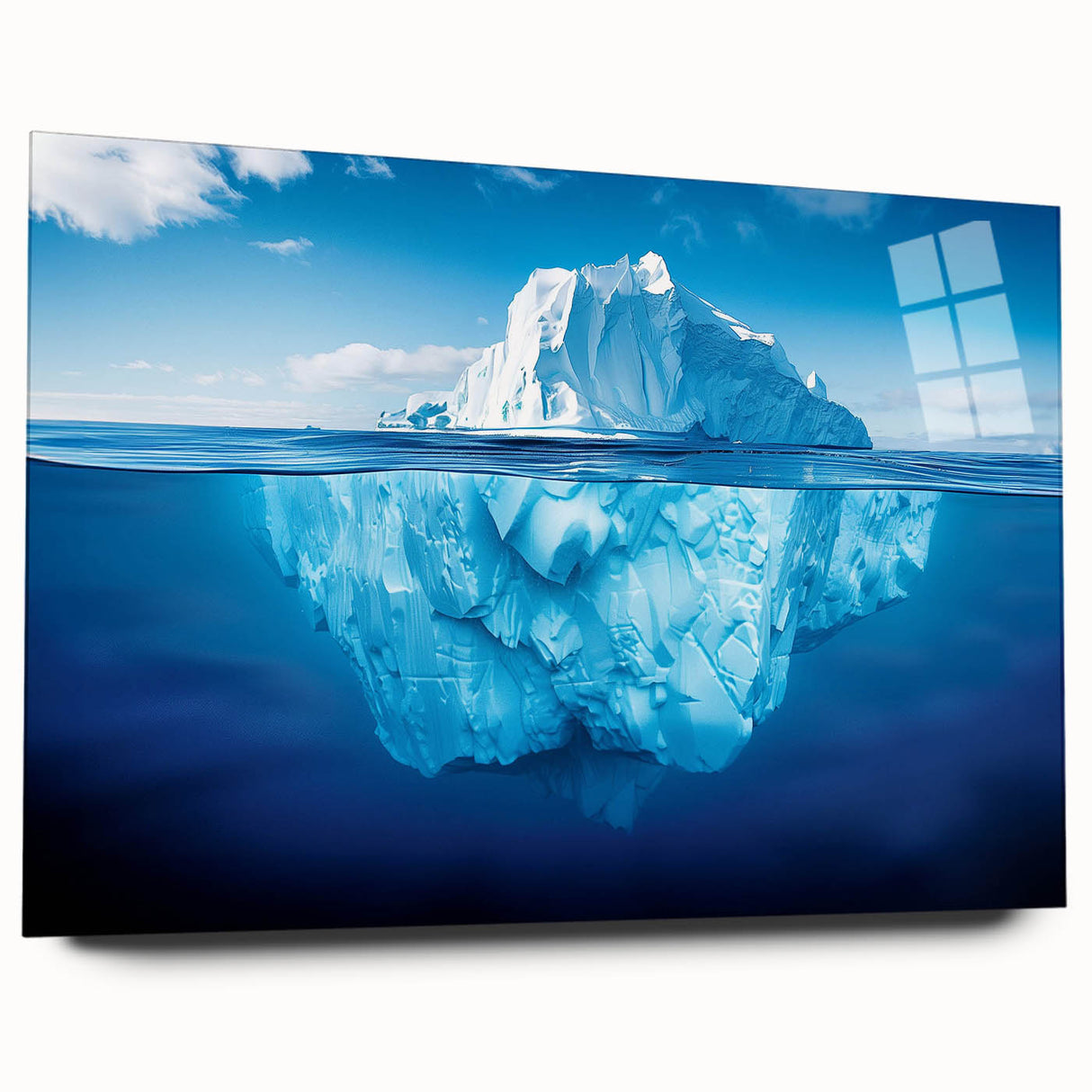 Acrylic wall art piece showcasing a stunning iceberg landscape design, featuring vibrant blue hues and intricate details, presented in a modern side view without pins.