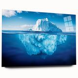 Acrylic wall art piece showcasing a stunning iceberg landscape design, featuring vibrant blue hues and intricate details, presented in a modern side view without pins.