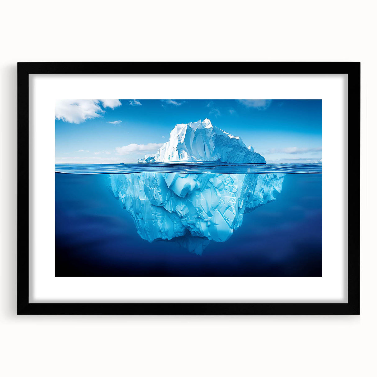 Framed black wall art showcasing a stunning iceberg landscape design, featuring a sleek mat and elegant frame, ideal for modern home decor and aesthetic enhancement.