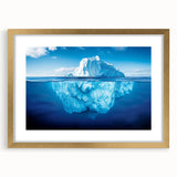 Elegant framed wall art featuring a stunning iceberg landscape design with a gold mat, perfect for enhancing any modern decor. The piece showcases cool blue and white tones, evoking a serene atmosphere ideal for living spaces or offices.