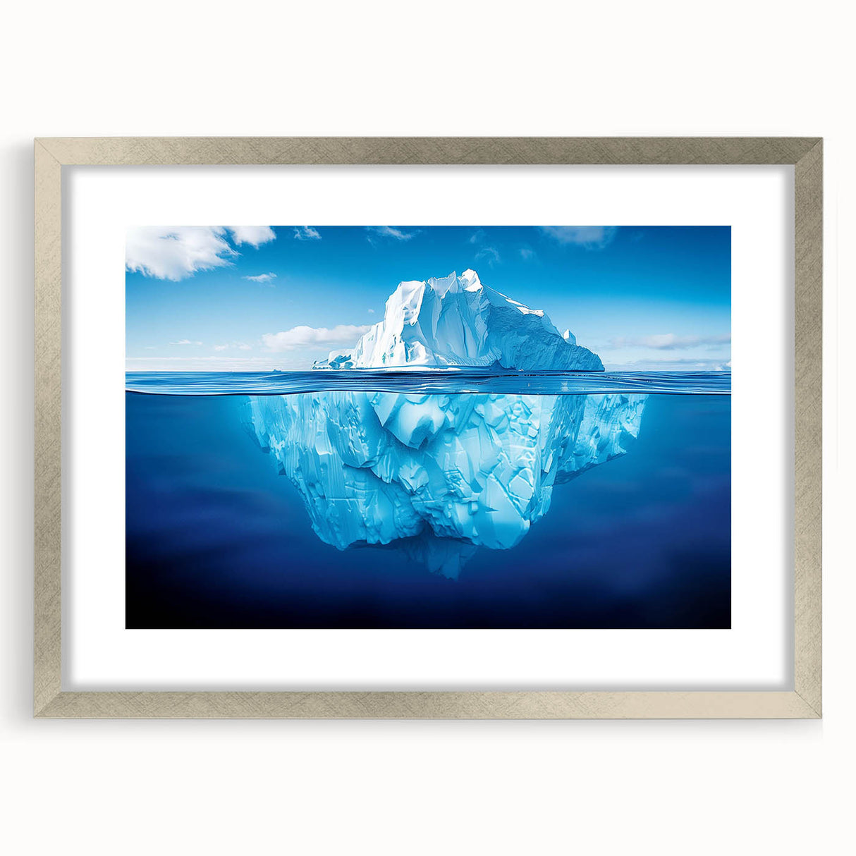 Framed wall art showcasing a stunning iceberg landscape design with a silver mat and frame, ideal for modern home decor and adding a serene touch to any space.