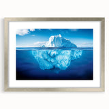 Framed wall art showcasing a stunning iceberg landscape design with a silver mat and frame, ideal for modern home decor and adding a serene touch to any space.