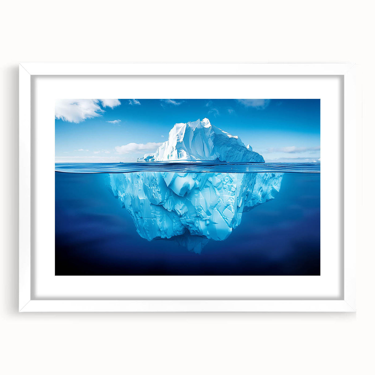 Framed landscape wall art featuring a stunning iceberg design with a white mat, ideal for modern decor and enhancing home aesthetics. Perfect for nature lovers seeking a serene ambiance.