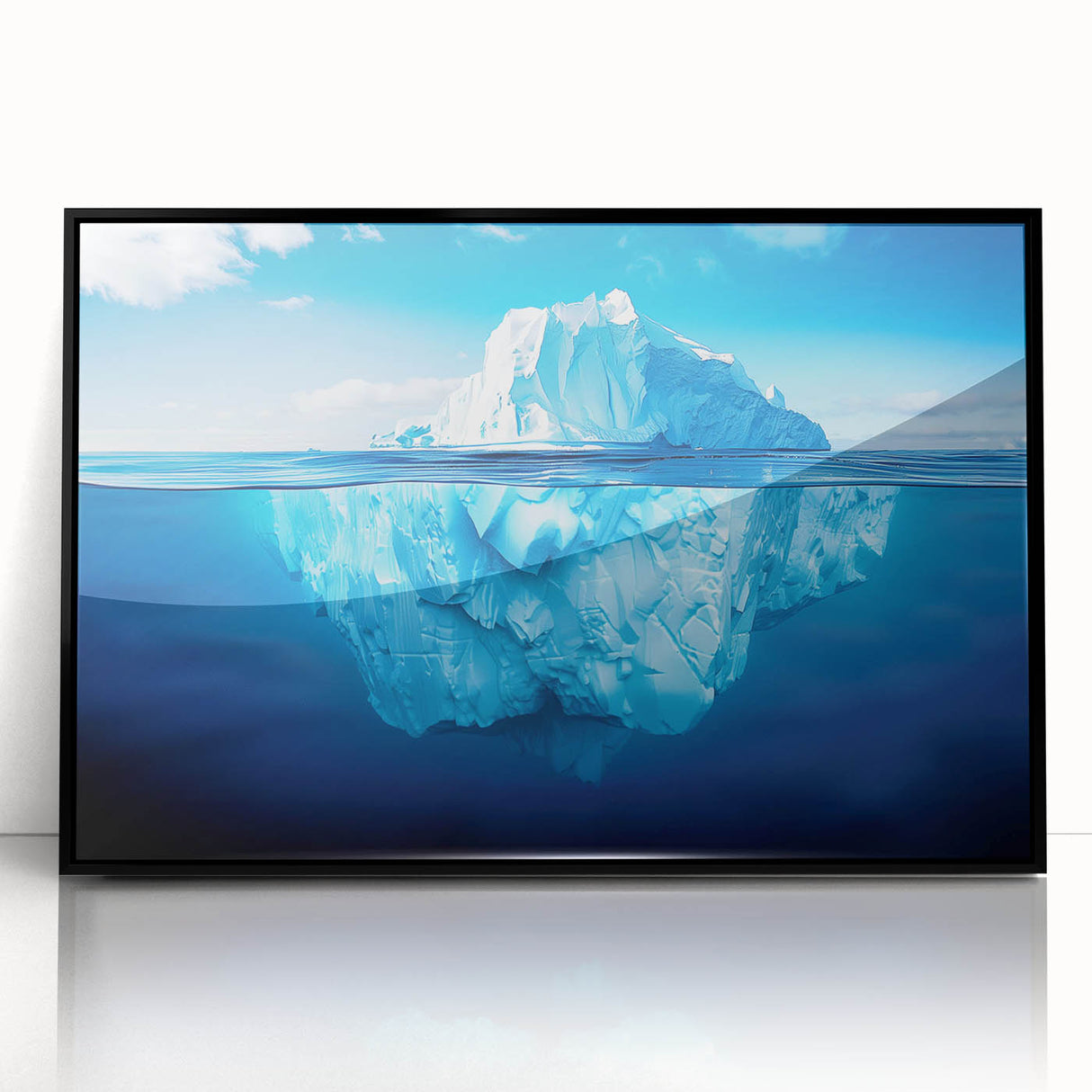 Framed acrylic wall art showcasing a stunning iceberg landscape design with a sleek black frame, ideal for modern home decor and art enthusiasts.