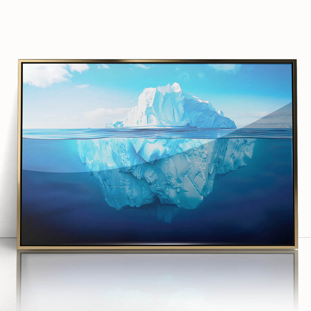 Framed acrylic wall art featuring a striking iceberg design in shades of blue and white, with a gold frame accentuating its modern aesthetic, ideal for contemporary home decor.