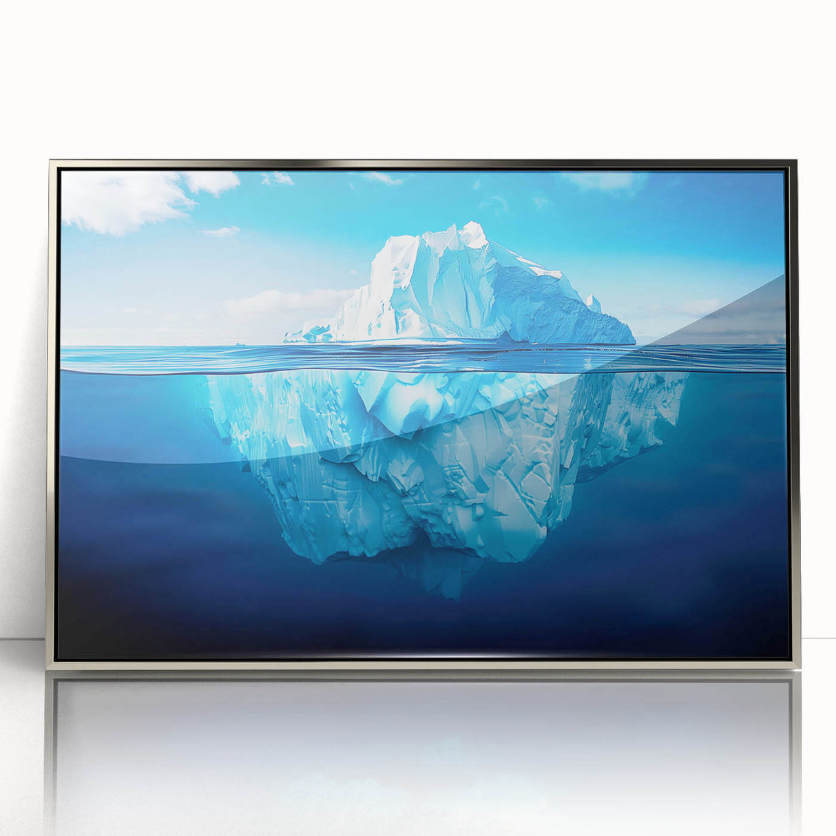 Framed acrylic wall art featuring a stunning iceberg design in a silver frame, showcasing vibrant colors and intricate details, perfect for modern home decor.