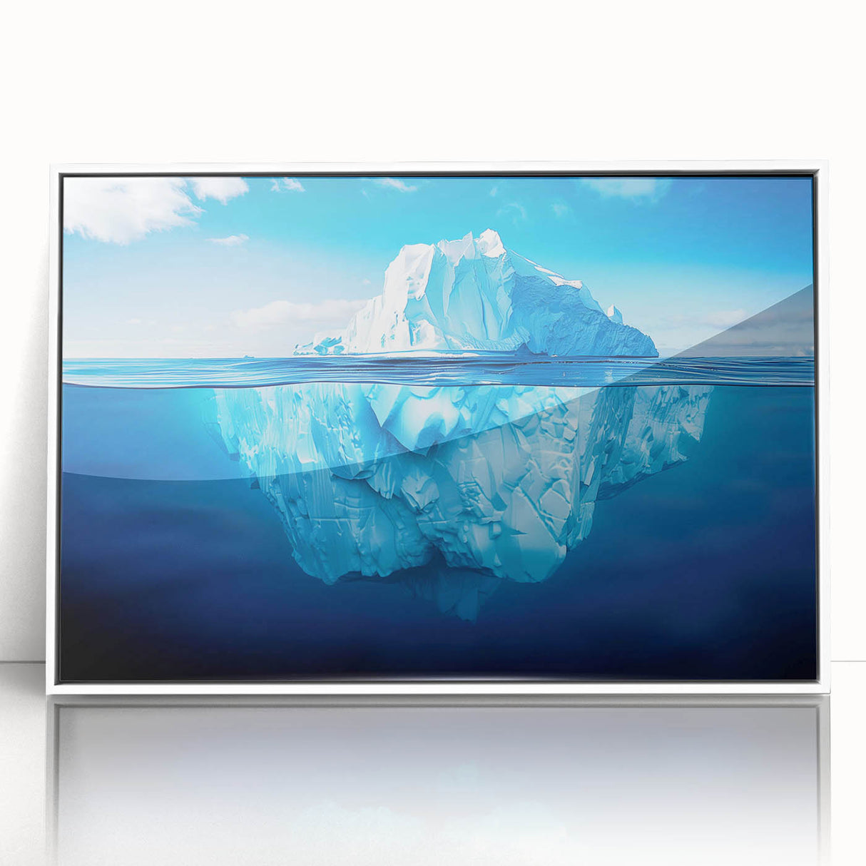 Framed acrylic wall art showcasing a stunning iceberg landscape design, featuring vibrant blue and white colors, ideal for enhancing modern home decor.
