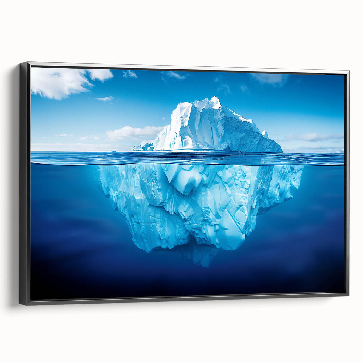 Framed canvas wall art featuring a contemporary iceberg design in shades of blue and white, showcasing a side view with a sleek black frame, ideal for modern decor.