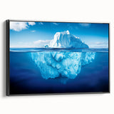 Framed canvas wall art featuring a contemporary iceberg design in shades of blue and white, showcasing a side view with a sleek black frame, ideal for modern decor.