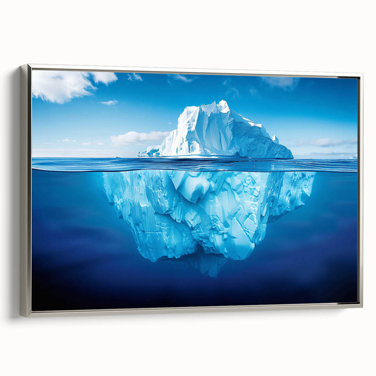 Framed canvas artwork showcasing a stunning iceberg design with a silver border, ideal for modern home decor. The piece captures the serene beauty of icy landscapes, enhancing any room's aesthetic.