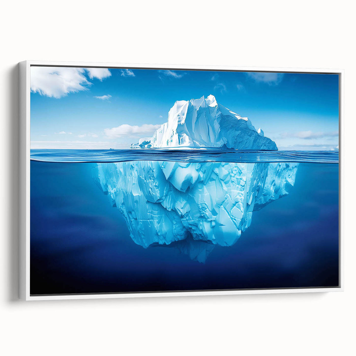 Framed canvas wall art showcasing a serene iceberg landscape design with soft blue and white hues, emphasizing tranquility and nature's beauty. Perfect for modern decor.