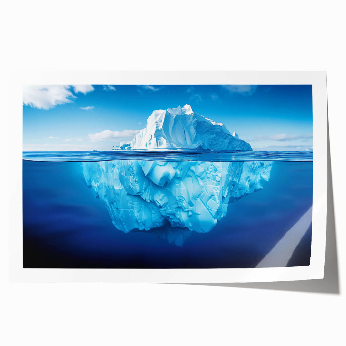 Vibrant rolled print of an iceberg landscape design, showcasing icy blues and whites, perfect for modern home decor. Packaged securely in a cardboard tube.