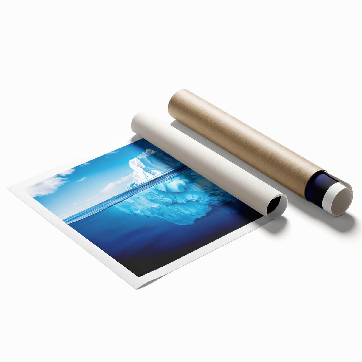 Stunning rolled print showcasing a vibrant iceberg landscape art design, featuring cool blue tones and intricate details, ideal for modern home decor.