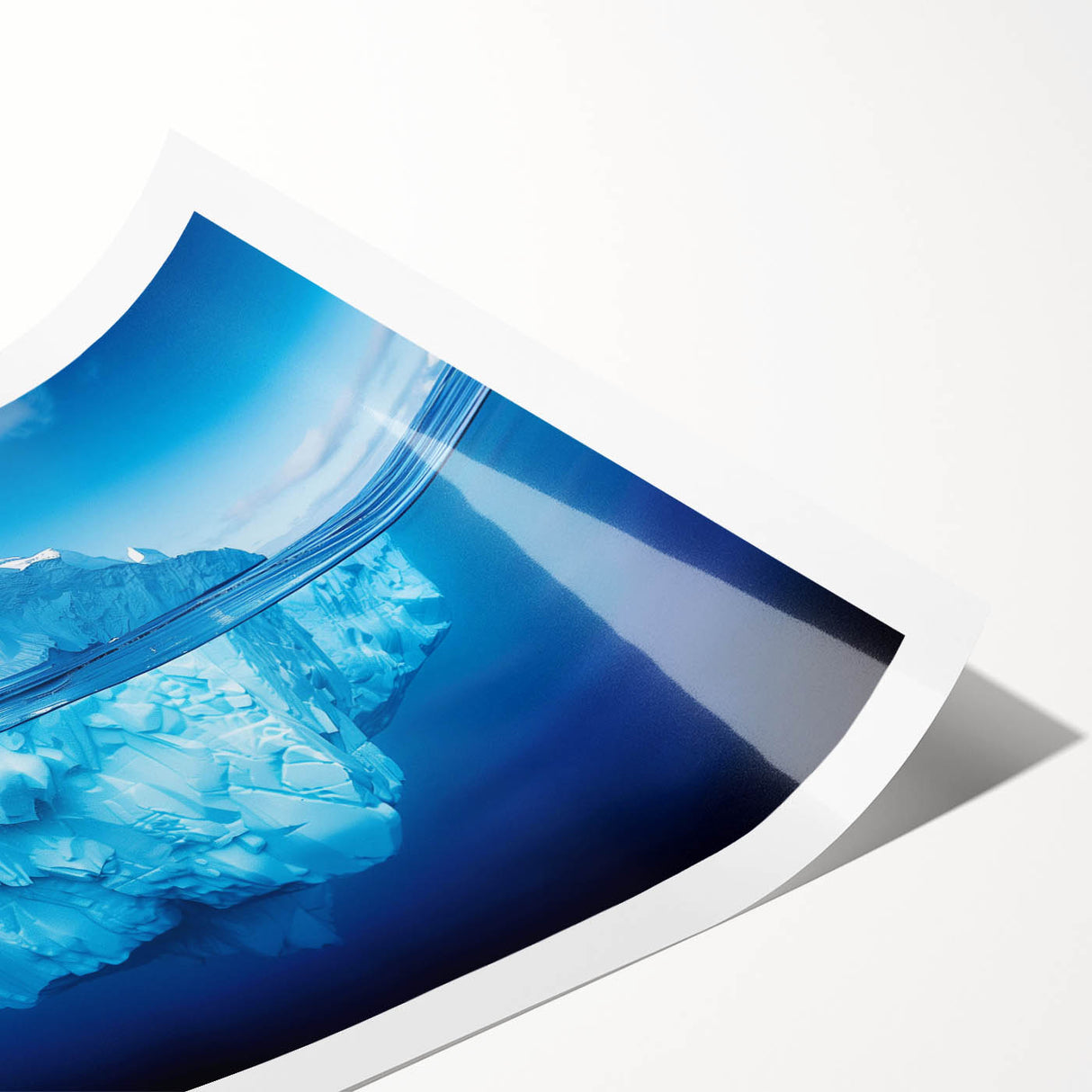 Stunning rolled print of an iceberg landscape design, featuring cool blue tones and intricate details, perfect for modern home decor. Packaged securely in a cardboard tube for safe delivery.