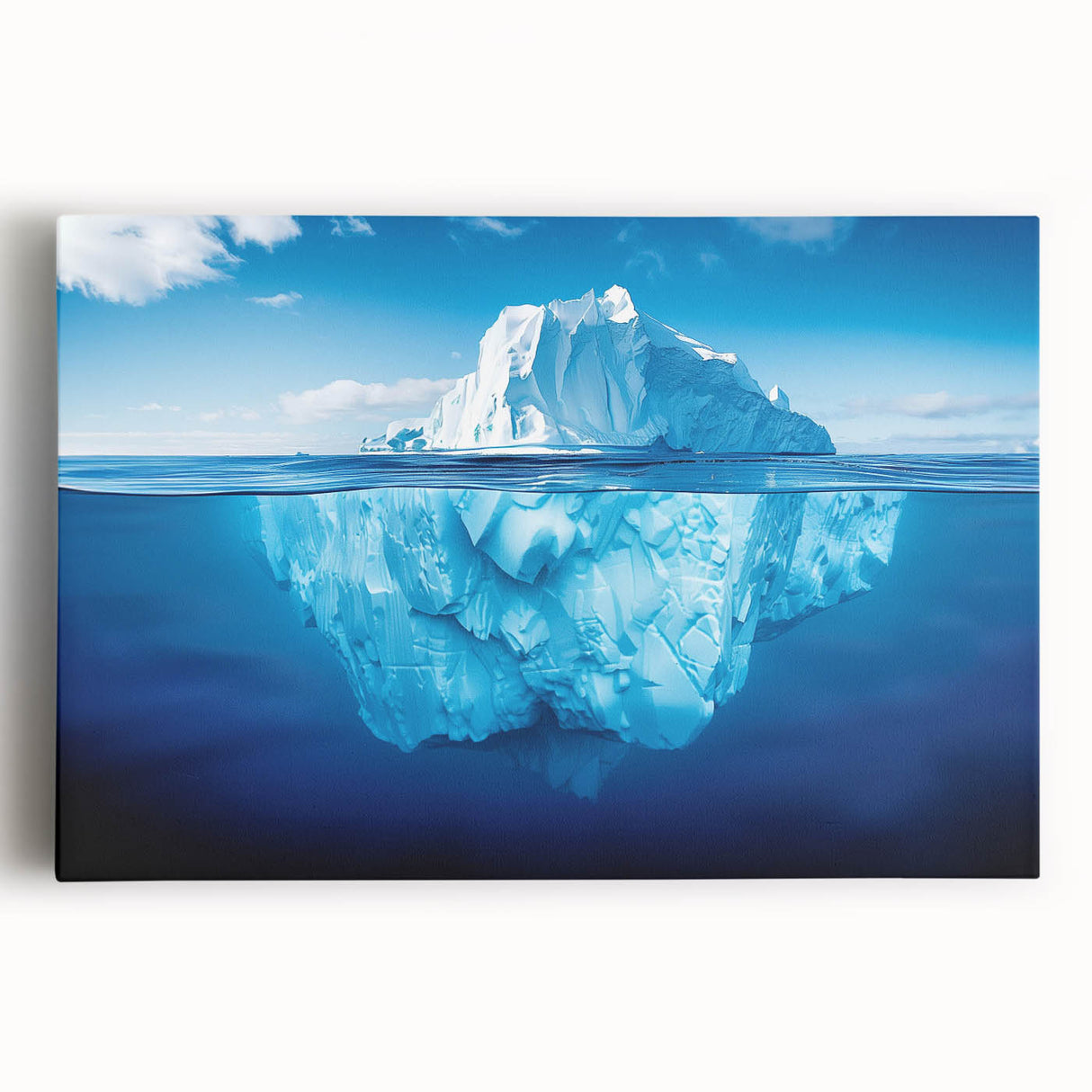 Stretched canvas artwork showcasing a stunning iceberg landscape design, featuring vibrant blues and whites that evoke a serene winter atmosphere, ideal for home decor.