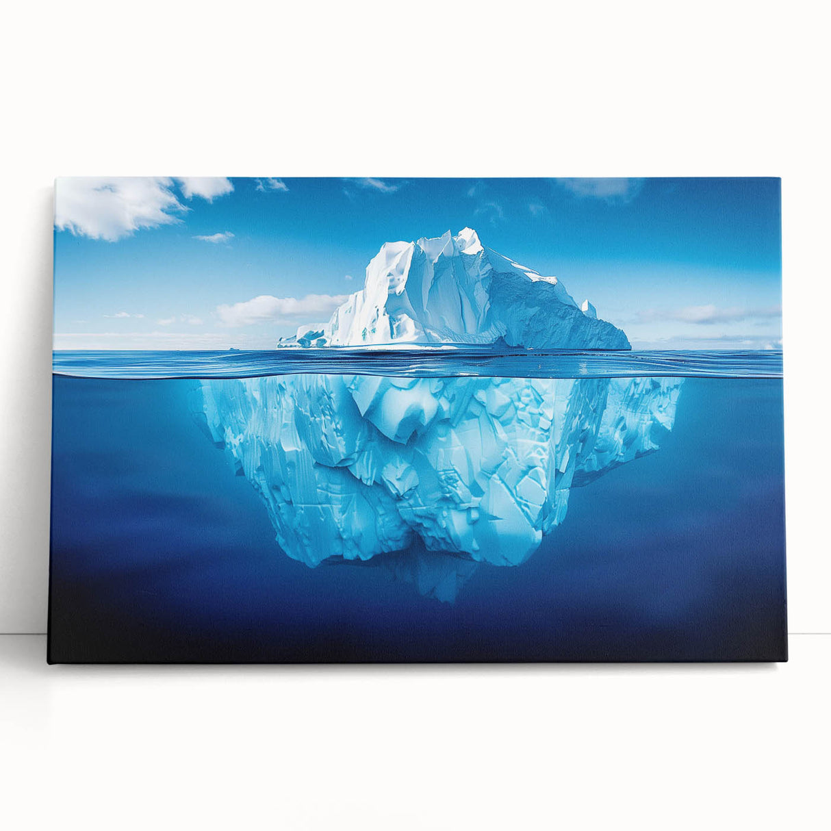 Stretched canvas wall art depicting a serene iceberg landscape, featuring cool blue and white tones, ideal for modern home decor and nature enthusiasts.