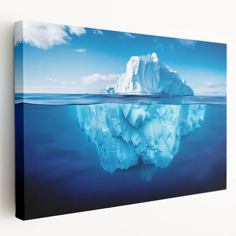 Stretched canvas wall art showcasing a stunning iceberg landscape design with vibrant blue hues, perfect for modern home decor. Ideal for adding a serene touch to living spaces.