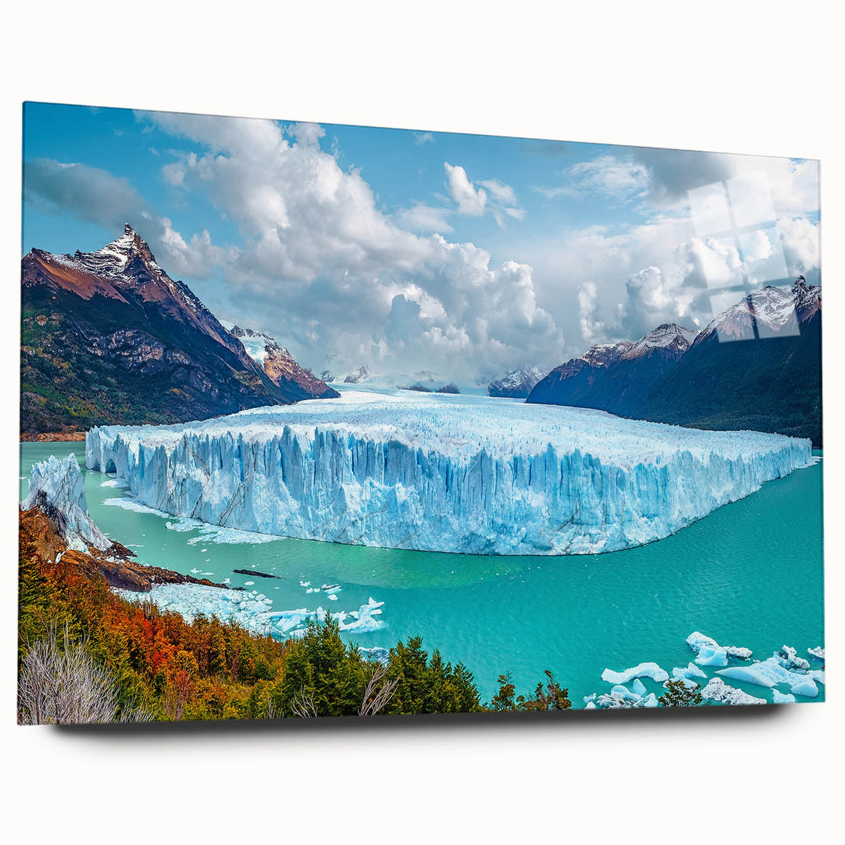 Acrylic wall art depicting a stunning iceberg landscape design, displayed from a side view, showcasing vibrant colors and intricate details, perfect for modern decor.