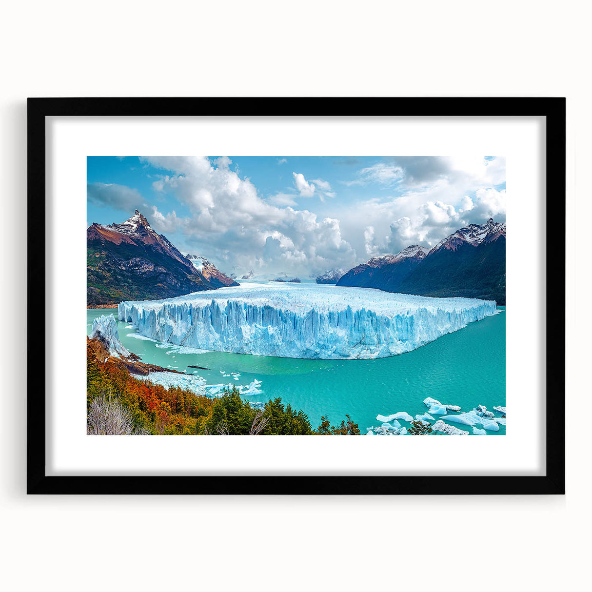 Framed wall art featuring a striking iceberg design, with a black front view and a white mat, ideal for enhancing modern home decor aesthetics.