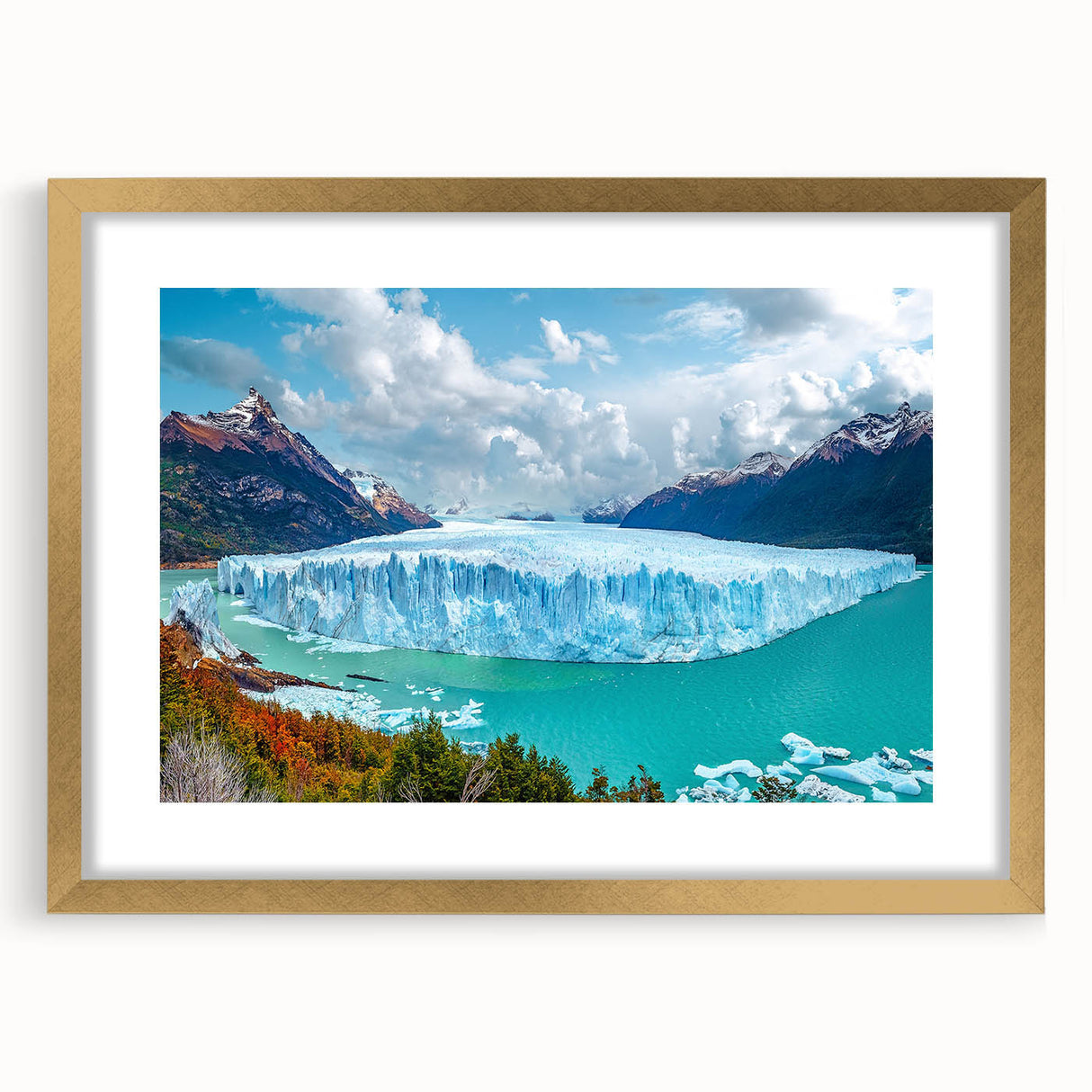Framed landscape wall art showcasing an elegant iceberg design with a gold mat, perfect for modern home decor. Ideal for adding a touch of sophistication to any room.