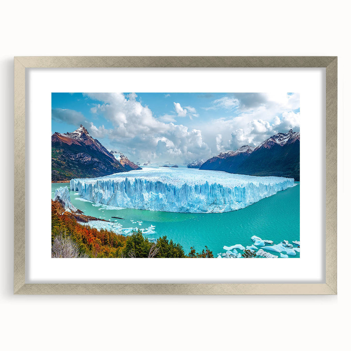 Framed silver wall art showcasing a stunning iceberg landscape design, featuring a mat for added depth, ideal for modern home decor aesthetics.