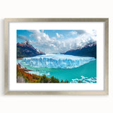 Framed silver wall art showcasing a stunning iceberg landscape design, featuring a mat for added depth, ideal for modern home decor aesthetics.