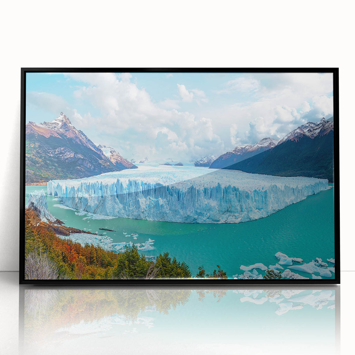 Framed acrylic wall art showcasing a stunning iceberg landscape design, featuring a black frame and vibrant colors, ideal for modern home decor.