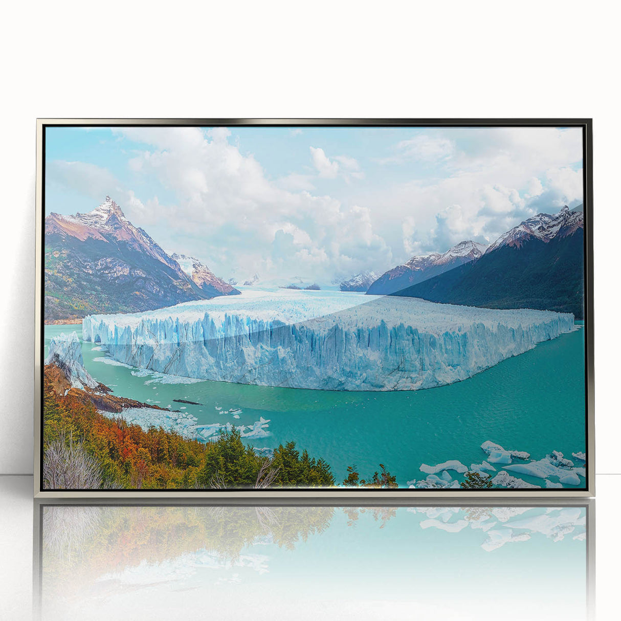 Framed acrylic wall art showcasing a stunning iceberg design with silver accents, ideal for modern home decor. Perfect for adding a touch of elegance to any room.