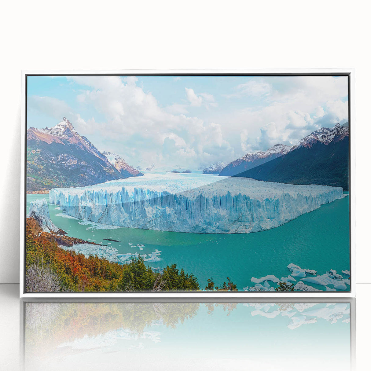 Framed wall art featuring a stunning iceberg landscape design in a contemporary acrylic finish, showcasing a serene blue and white color palette, perfect for modern decor.