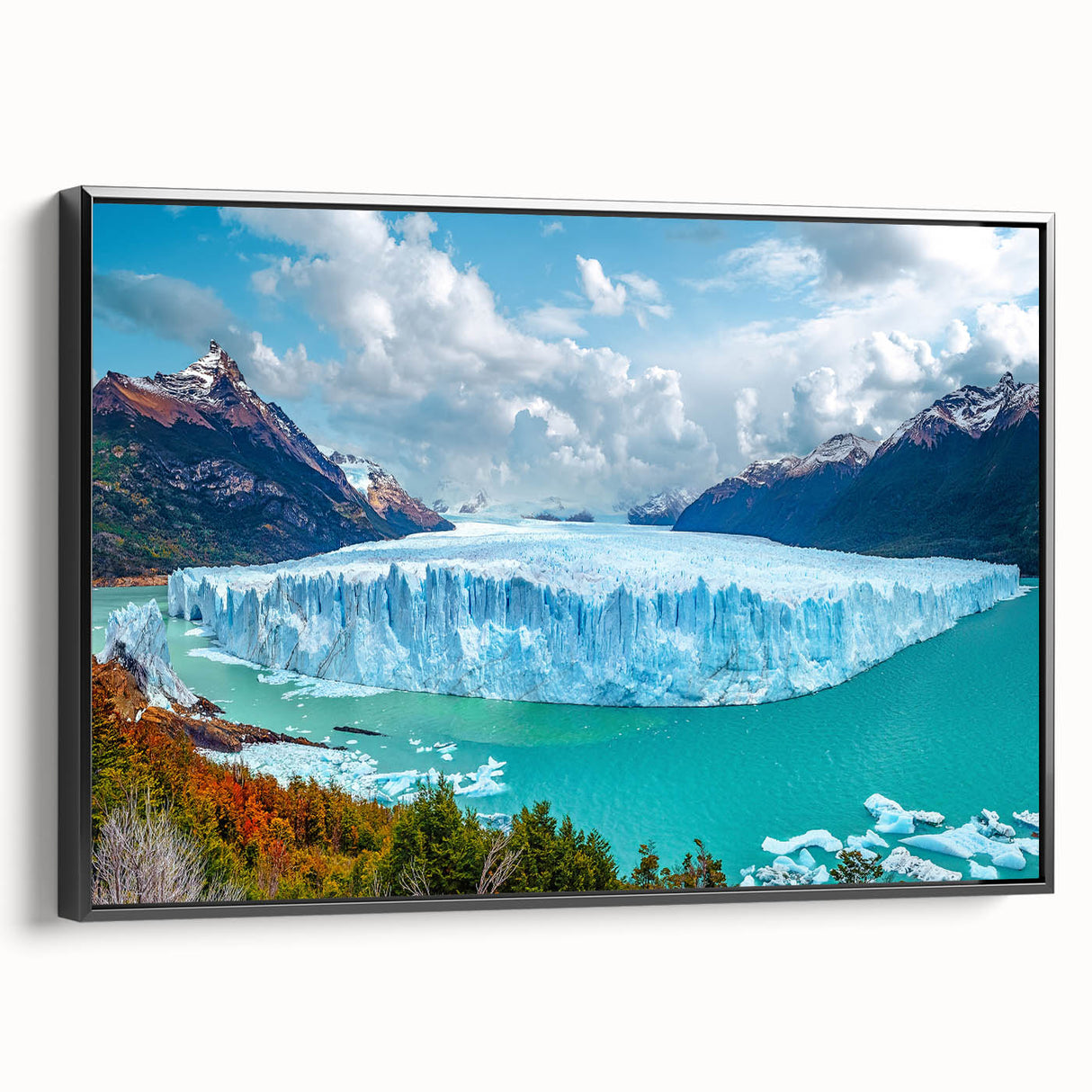 Framed canvas wall art featuring a striking iceberg design, showcasing cool blue and white tones, with a sleek black frame enhancing its modern aesthetic. Ideal for contemporary home decor.