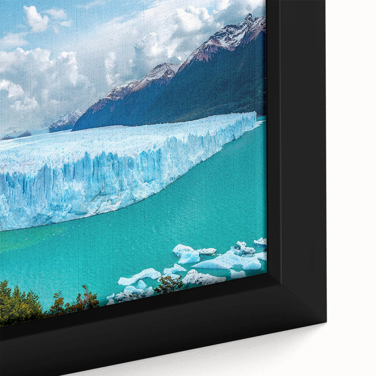 Close-up of a framed canvas wall art piece showcasing a serene iceberg landscape design, highlighting icy blues and whites, perfect for modern home decor.
