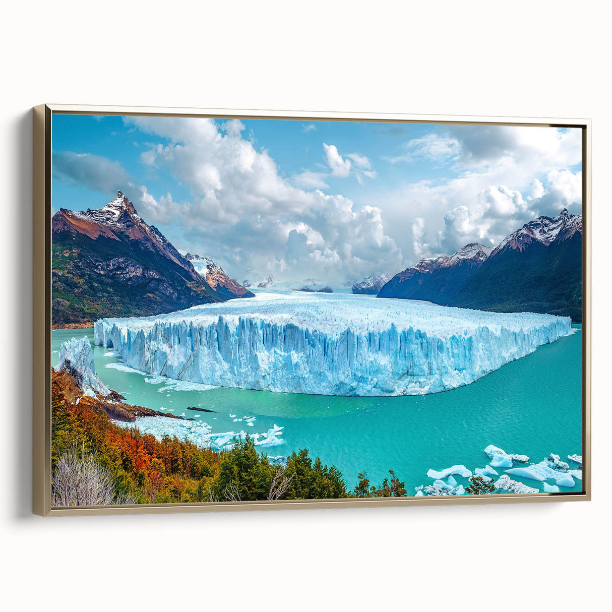 Framed canvas wall art showcasing a stunning iceberg landscape design, featuring golden accents and a side view, perfect for modern home decor.