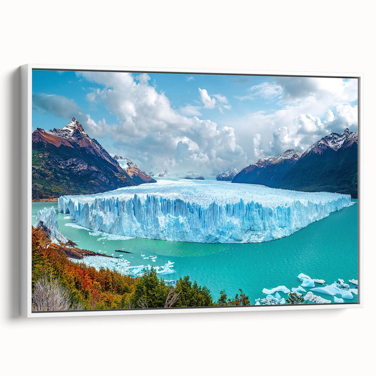 Framed canvas wall art depicting a stunning iceberg landscape design, showcasing vibrant blues and whites, perfect for enhancing modern home decor.
