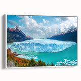 Framed canvas wall art depicting a stunning iceberg landscape design, showcasing vibrant blues and whites, perfect for enhancing modern home decor.